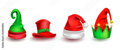 Christmas hat vector set design. 3d santa claus, elf and snowman christmas cap elements isolated in white background for xmas winter head dress collection. Vector illustration.
