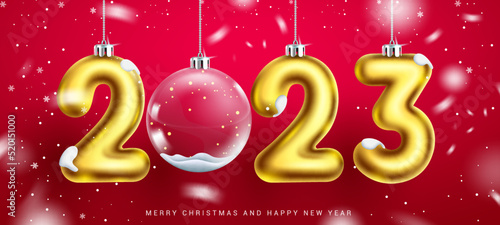 Christmas celebration number vector design. 2023 new year hanging decoration with gold elegant color in red background for celebrating holiday season. Vector illustration.
