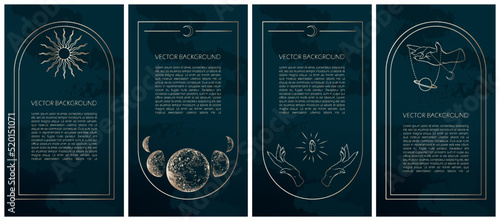 Set of golden celestial mysterious vector illustrations for stories templates, mobile app, landing page, web design, posters. Occult magic background for astrology, fortune telling, tarot concept. 