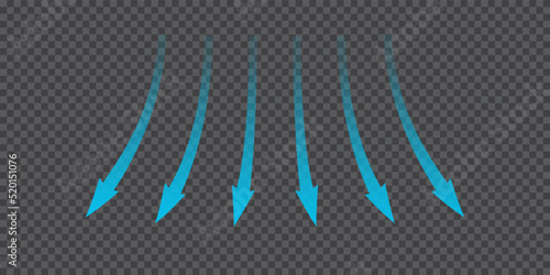 Air flow. Blue arrows showing direction of air movement. Wind direction arrows. Blue cold fresh stream from the conditioner. Vector illustration isolated on transparent background.