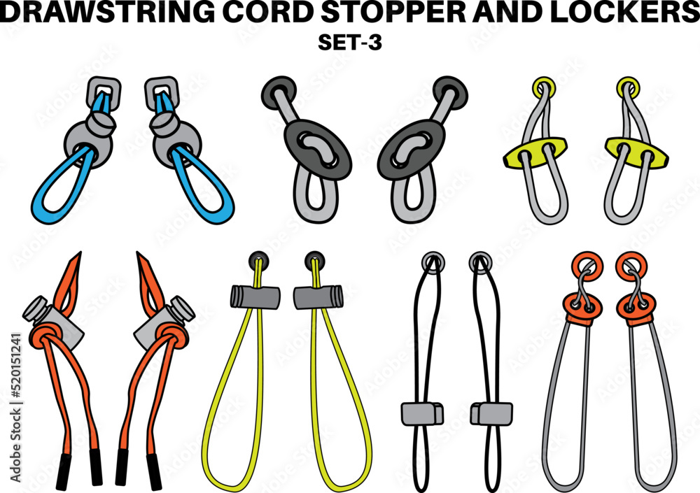 Drawstring cord stopper flat sketch vector illustrator. Set of Draw