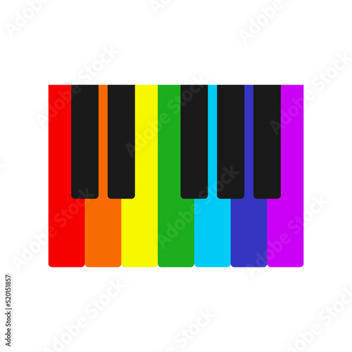 Vector rainbow sign of piano keys. Music icon isolated on white background. Seven multicolored and five black keys.