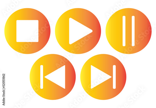 Play media orange color button icons. Music and video forward click shape symbol. Push arrow start player. Vector illustration