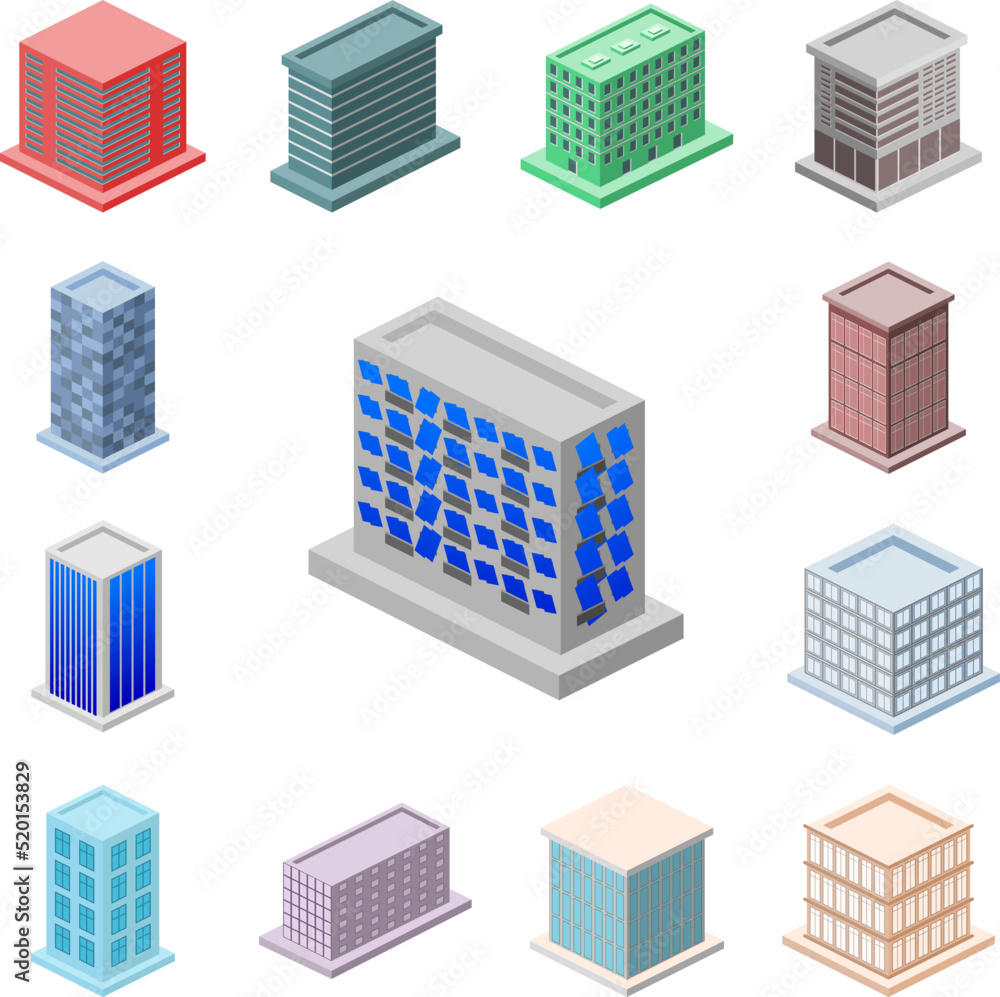 isometric apartments building icon in a collection with other items