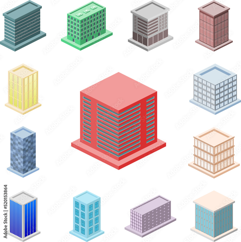 isometric high-rise garage building icon in a collection with other items isometric high-rise garage building icon in a collection with other items