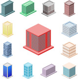 isometric high-rise garage building icon in a collection with other items