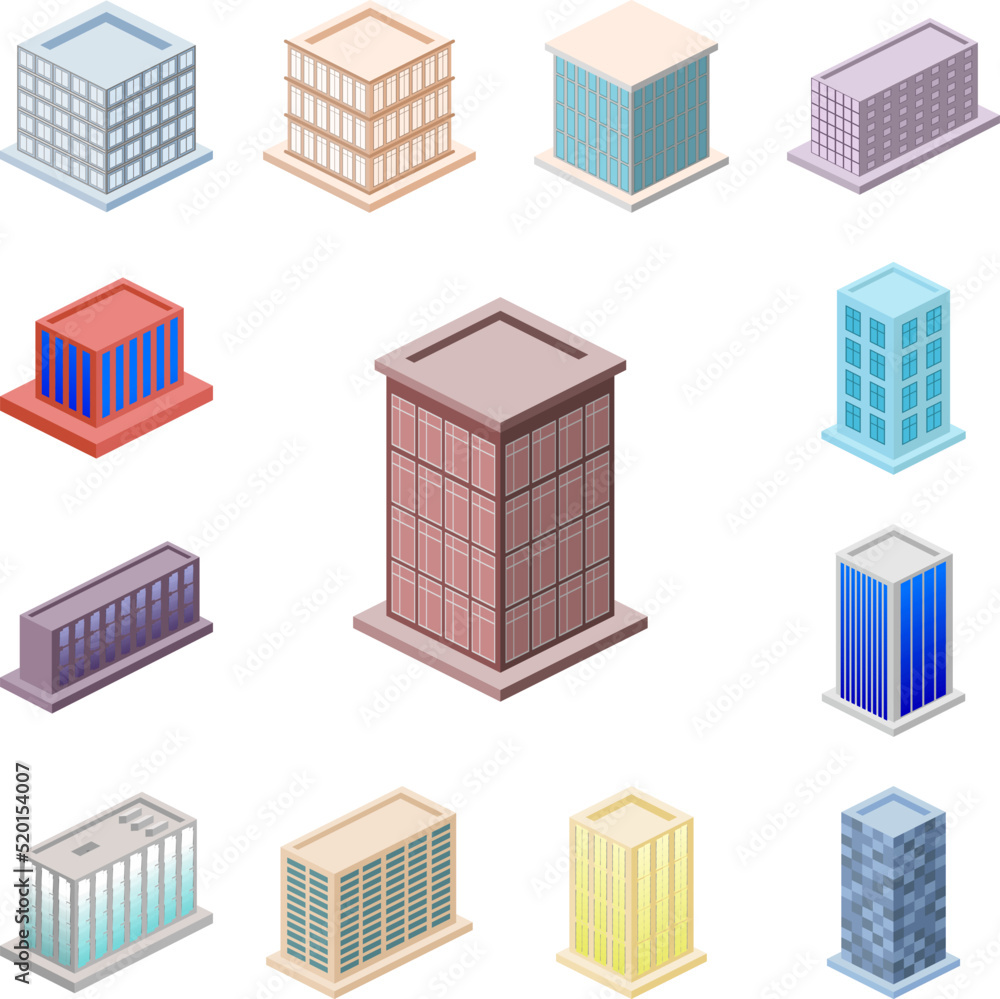 isometric office building icon in a collection with other items