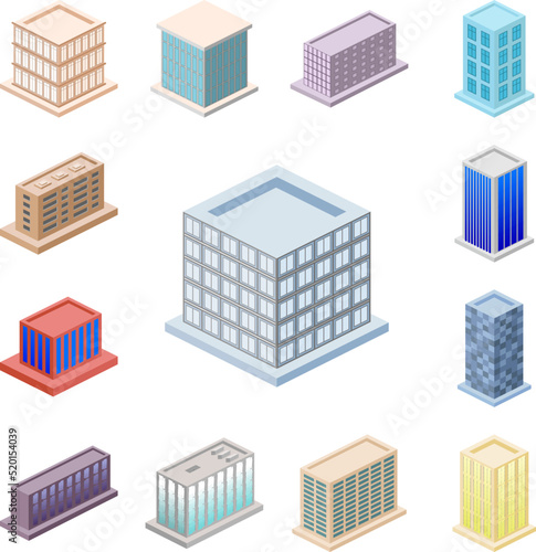 isometric school building icon in a collection with other items