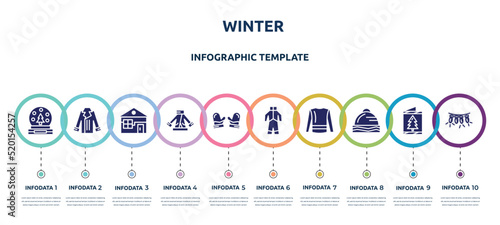 winter concept infographic design template. included snow globe, coat, winter cabin, fur coat, mittens, snowsuit, turtleneck sweater, winter cap, lights icons and 10 option or steps.