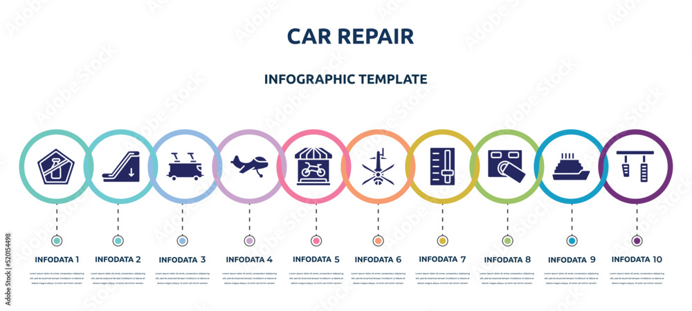 car repair concept infographic design template. included no liquid, or down, tramway, small plane, bike shop, helicopter black shape top view, gearbox, access control, brake pedal icons and 10