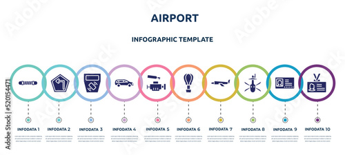 airport concept infographic design template. included damper, left turn, ticket validator, station wagon, car engine, hot air, airplane of paper sheet, military helicopter bottom view, identity card