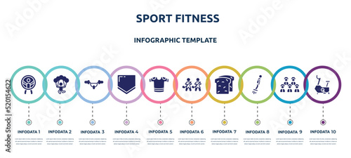 sport fitness concept infographic design template. included zorbing, skydiving, handlebar, home plate, t-shirts, home team, whole wheat bread, flyboard, stationary bicycle icons and 10 option or