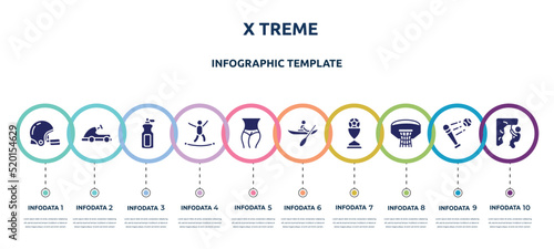 x treme concept infographic design template. included rugby helmet, go kart, sport bottle, highlining, slim body, kayaking, football trophy, basketball hoop, abseiling icons and 10 option or steps.