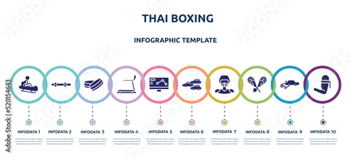 thai boxing concept infographic design template. included sledding, diving belt, hockey puck, cardio, telemetry, apex, hockey player, lacrosse, armband icons and 10 option or steps.