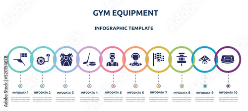 gym equipment concept infographic design template. included football flag, tire pressure, protector, puck, drivers, waterpolo player, victory lap, paddock, push up icons and 10 option or steps.