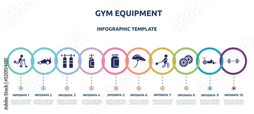 gym equipment concept infographic design template. included bowman, drag racing, gas cilinder, , energy bar, bike helmet, hammer throwing, pit, barbell icons and 10 option or steps.