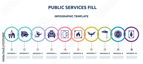 public services fill concept infographic design template. included baby changer, autorickshaw, slippery, solar taxi, reflective, fire triangular, hawk, wind flag, women toilet icons and 10 option or