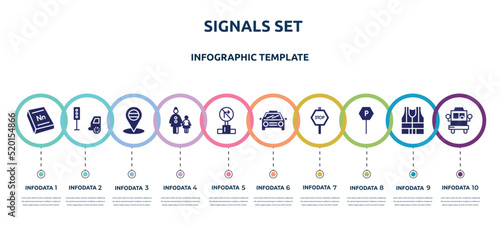 signals set concept infographic design template. included 3d dictionary, car traffic, placeholder point, mother and child, no turn right, car frontal view, stop hexagonal, parking, bus front with