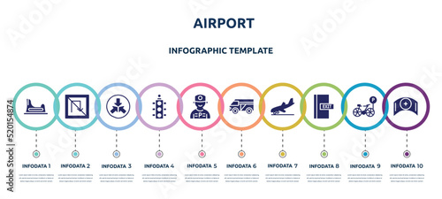 airport concept infographic design template. included baby toilet, no turn, converging, semaphore light, parking worker, minivan taxi, landing, emergency door, nursing icons and 10 option or steps.