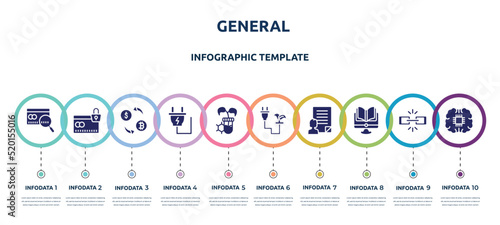 general concept infographic design template. included credit score, credit limit, crypto-exchange, electric plug, biotechnology, biomass energy, agent script, distance learning, future technology