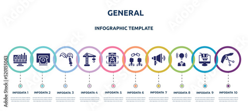 general concept infographic design template. included ar graph, atm cash, gmo, building crane, ar game, affiliate link, advertising agency, brand awareness, inauguration icons and 10 option or