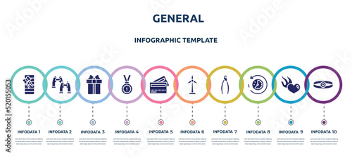general concept infographic design template. included birthday present, pair of binoculars, gift box with ribbon, win, credit cards, renewable energy label, nippers, rewind time, head mirror icons