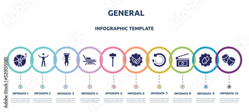 general concept infographic design template. included cd record, man with open arms, dyupel, deckchair, sledgehammer, go green badge, clockwise, fragments, nuts icons and 10 option or steps.