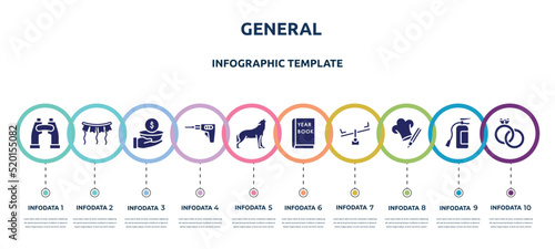 general concept infographic design template. included binocular, party decoration, poverty, perforator, wolf howling, yearbook, balancer, chef hat with a pencil, interlocking rings icons and 10