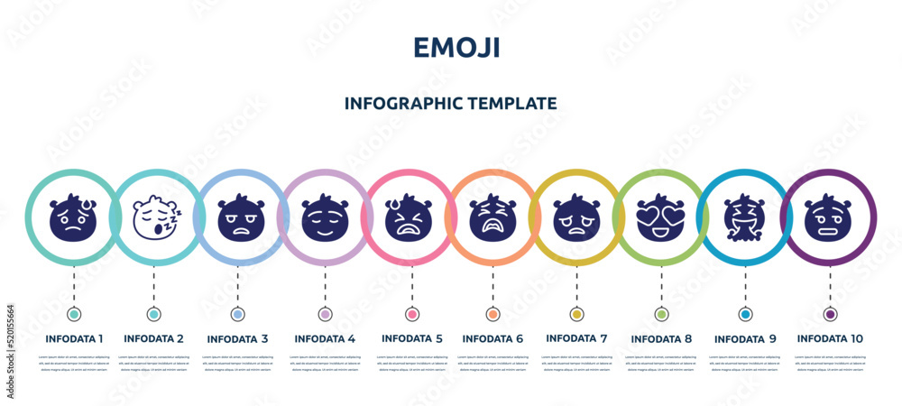 emoji concept infographic design template. included downcast with sweat emoji, sleep emoji, bored calm desperate tired sad in love dissapointment icons and 10 option or steps.