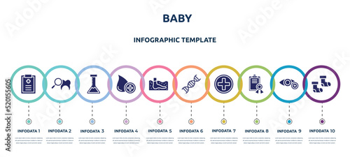 baby concept infographic design template. included medical prescription, dental checkup, medical lab, donor, thalassotherapy, adn, red cross, medical certificate, baby socks icons and 10 option or