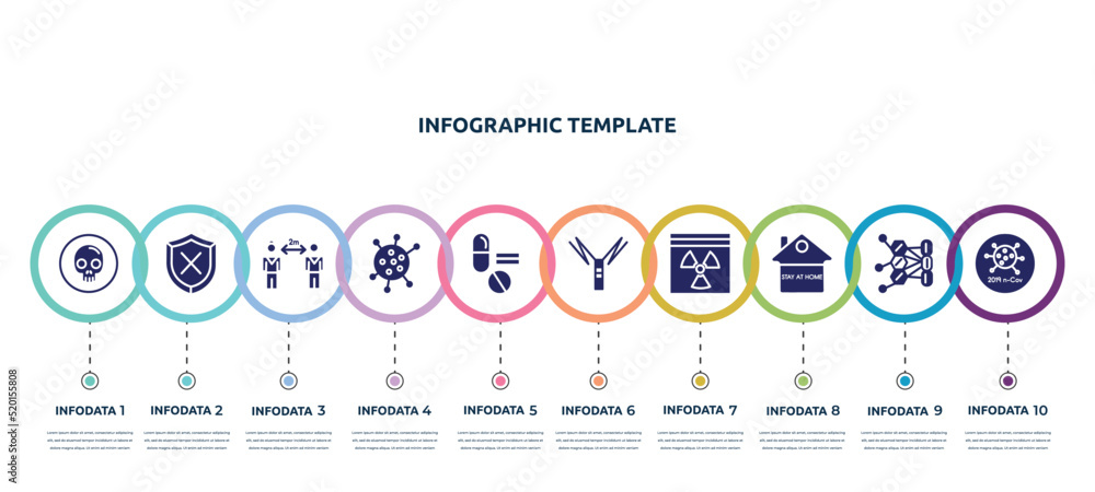 concept infographic design template. included death, unprotected, keep distance, flu, medicine, autoimmune disease, hazmat, stay at home, 2019-ncov icons and 10 option or steps.