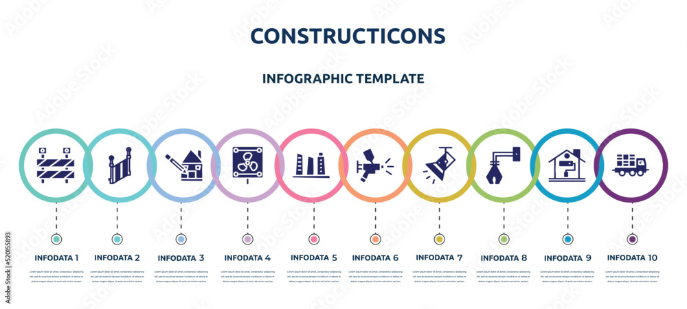 constructicons concept infographic design template. included barrier construction limit tool, stairs side view, pencil and house draw, vent, building hand drawn tower, paint airbrush, light spot,