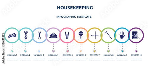 housekeeping concept infographic design template. included big saw, bolts, adjustable wrench, torch helmet, clothespin, stopping, wheelbrace, crowbar, window cleaner icons and 10 option or steps.