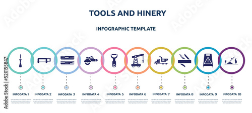 tools and hinery concept infographic design template. included wood lino cutter, hacksaw with handle, boards, electric saw, peeler, small crane, tipper truck, jackknife, plane controls icons and 10