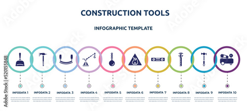 construction tools concept infographic design template. included dustpan, battle axe, mezzaluna, davit, wrecking ball, inflamable, balance ruler, sliding scale, air compressor icons and 10 option or