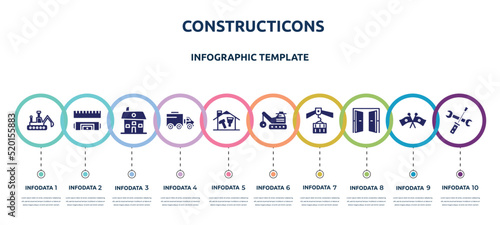 constructicons concept infographic design template. included construction excavator, rule and level, house hand drawn building, truck with freight, home repair, derrick with ball, derrick with load,