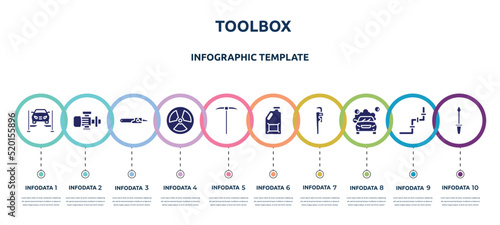 toolbox concept infographic design template. included car lift, pump, sharp chainsaw, radiation, gardening digger, jerrycan, stillson wrench, car wash, garage screwdriver icons and 10 option or