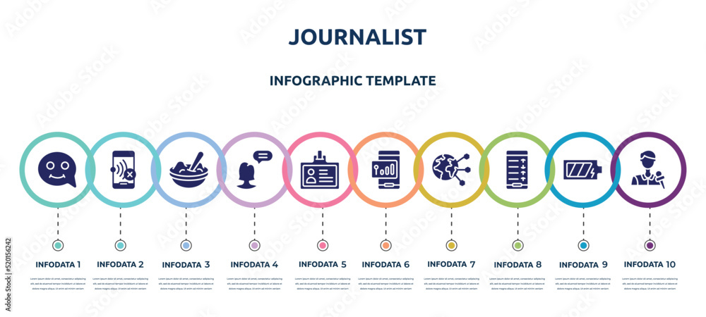 journalist concept infographic design template. included smiles, no, mashed potato, chief, press card, , planet earth, mobile analytics on screen, journalists icons and 10 option or steps.
