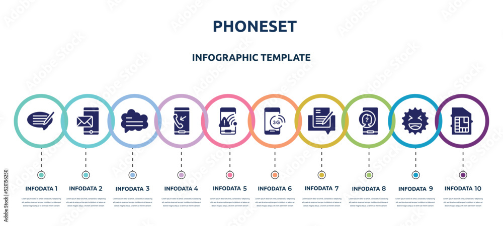 phoneset concept infographic design template. included editing, mobile with envelope, bubble speech, outgoing call, wifi connection warning, , edit document, unknown user, phone chip icons and 10