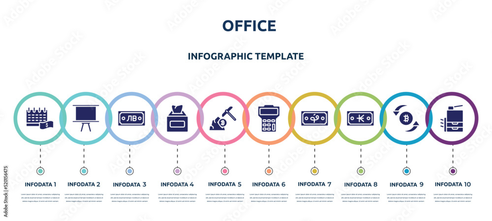 office concept infographic design template. included pay day, board stand, som, tissue box, pickaxe, maths, afghani, kip, copy hine icons and 10 option or steps.