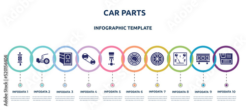 car parts concept infographic design template. included car silencer, car exhaust, reversing light, camshaft, piston, bearing, spare wheel, petrol gauge, glove compartment icons and 10 option or