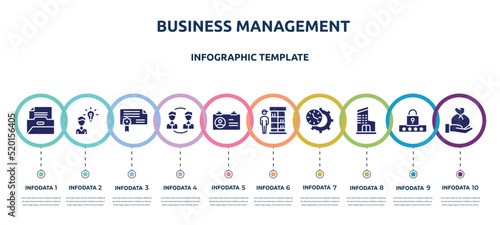 business management concept infographic design template. included files and folders, opinion, authorization, peer to peer, identification card, retailer, time management, department, wage icons and