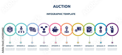auction concept infographic design template. included , hierarchical structure, money flow, consult, piggybank, miner, facilities, taxes, auctioneer icons and 10 option or steps.