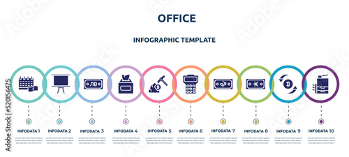 office concept infographic design template. included pay day, board stand, som, tissue box, pickaxe, maths, afghani, kip, copy hine icons and 10 option or steps.