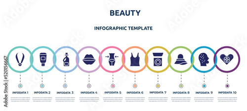 beauty concept infographic design template. included pluck, hair softener, softener, kiss, waist, tank top, bronzer, pamela, health care icons and 10 option or steps.