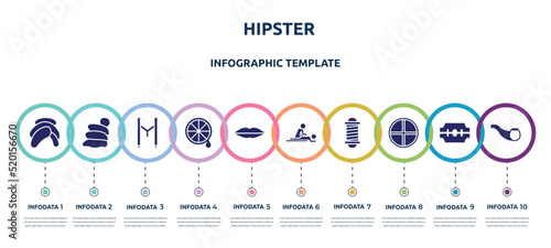 hipster concept infographic design template. included head towel, snail slime, suspenders, lemon juice, seductive, massages, barbershop pole, tray, smoking pipe icons and 10 option or steps.