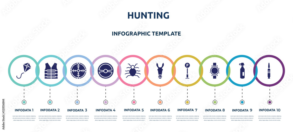 hunting concept infographic design template. included kite, lifejacket, crosshair, steering wheel, flea, donkey, , diving watch, bullets icons and 10 option or steps.