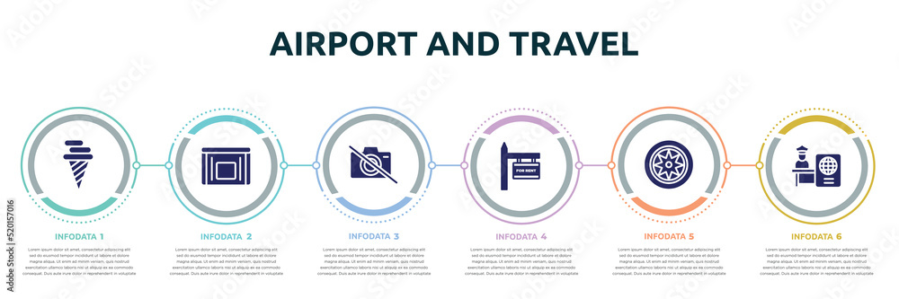 airport and travel concept infographic design template. included icecream cone, sick bag, no photos, rent, car parts, passport control icons and 6 option or steps. airport and travel concept infographic design template. included icecream cone, sick bag, no photos, rent, car parts, passport control icons and 6 option or steps.
