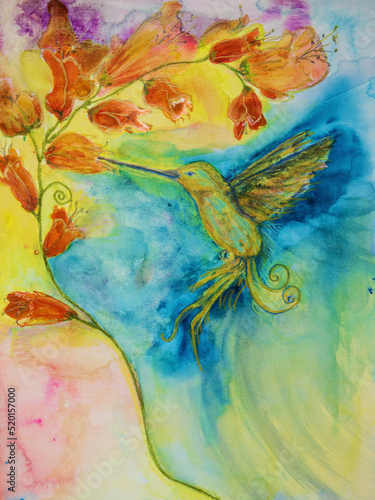 Golden colibry. The dabbing technique near the edges gives a soft focus effect due to the altered surface roughness of the paper.