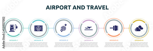 airport and travel concept infographic design template. included gas station, airplane flight card, international location, departures, exit, two clouds with different size icons and 6 option or